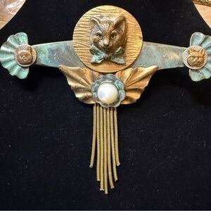 Vintage Cat Brooch with Gold and Green Accents